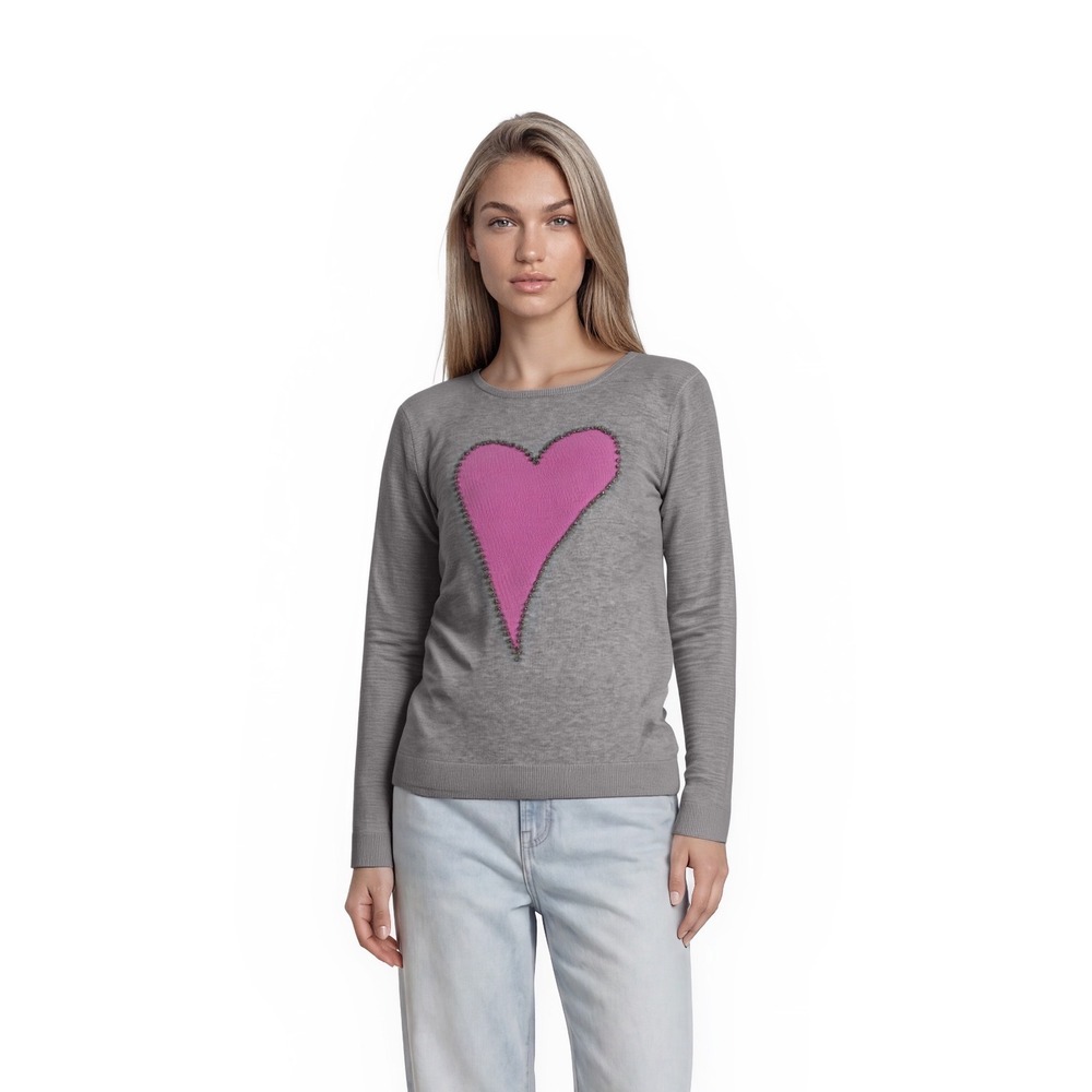 Magaschoni Heart Sweater Women's Size Large Gray Pink Beaded Side Slit‎